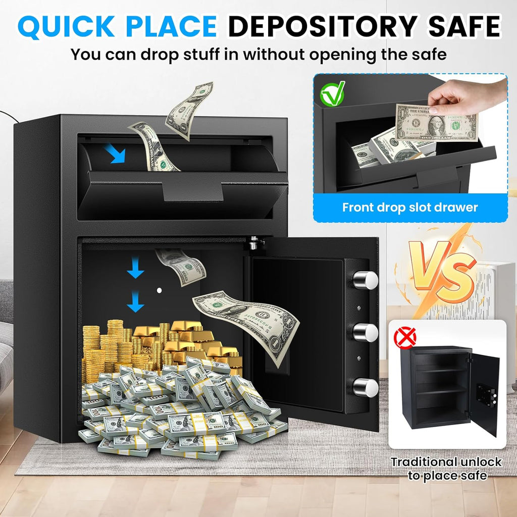 2.6 Cub Drop Safe for Business, Quick Place Safe with Drop Slot, Digital Backlit Combination Lock and Backup Key, Alarm & Mute System, Anti-Theft Money Deposit Safes for Cash Slip Business Office Home