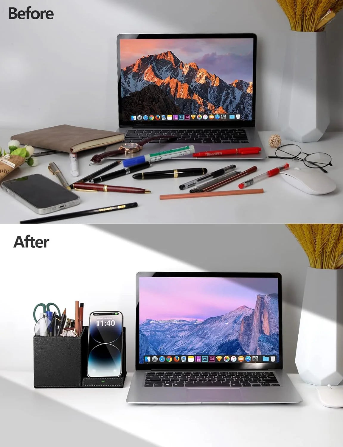 Desk Organizer with Wireless Charging for Iphone, PU Leather with Pencil Holder for Desk & Nightstand, 1 Pack