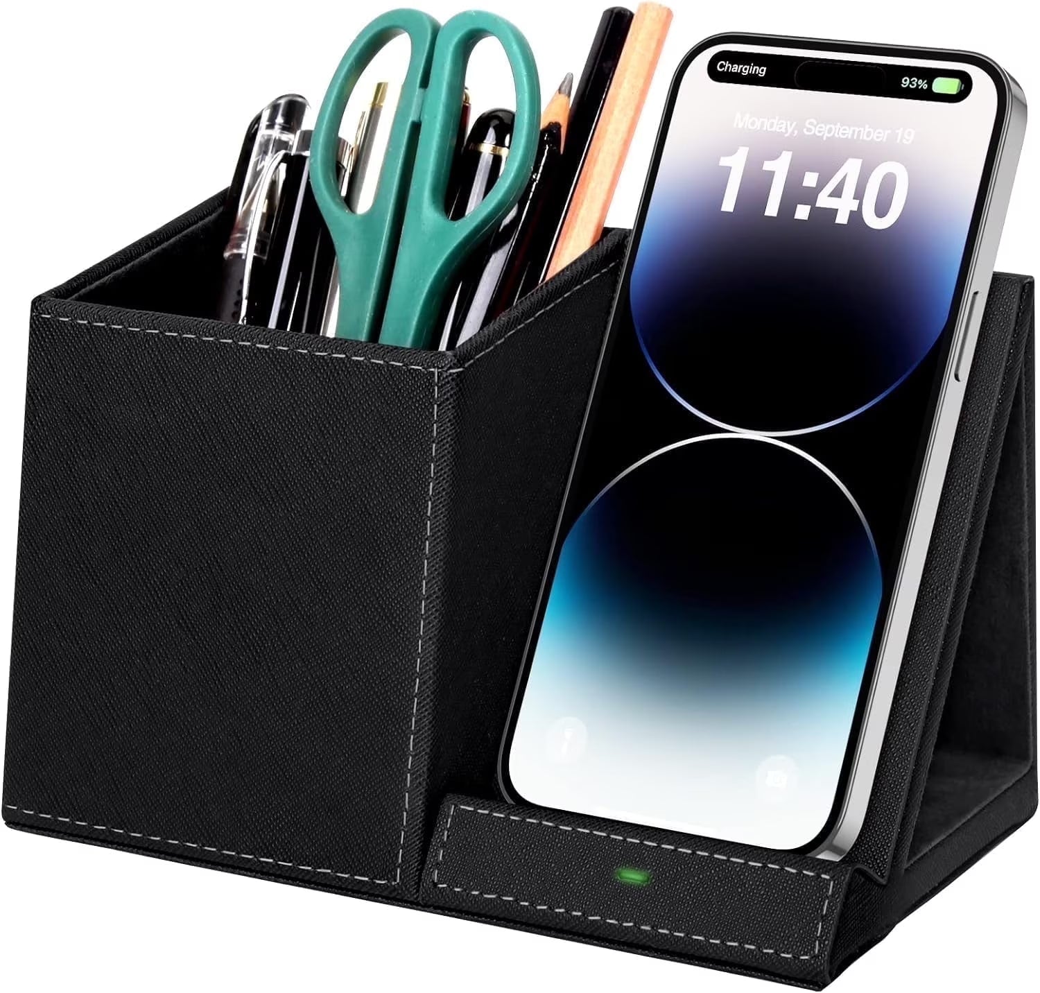 Desk Organizer with Wireless Charging for Iphone, PU Leather with Pencil Holder for Desk & Nightstand, 1 Pack