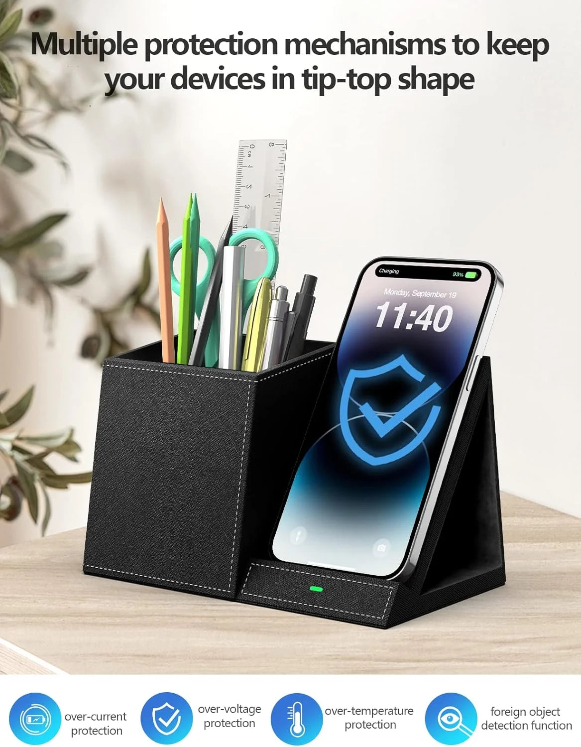 Desk Organizer with Wireless Charging for Iphone, PU Leather with Pencil Holder for Desk & Nightstand, 1 Pack