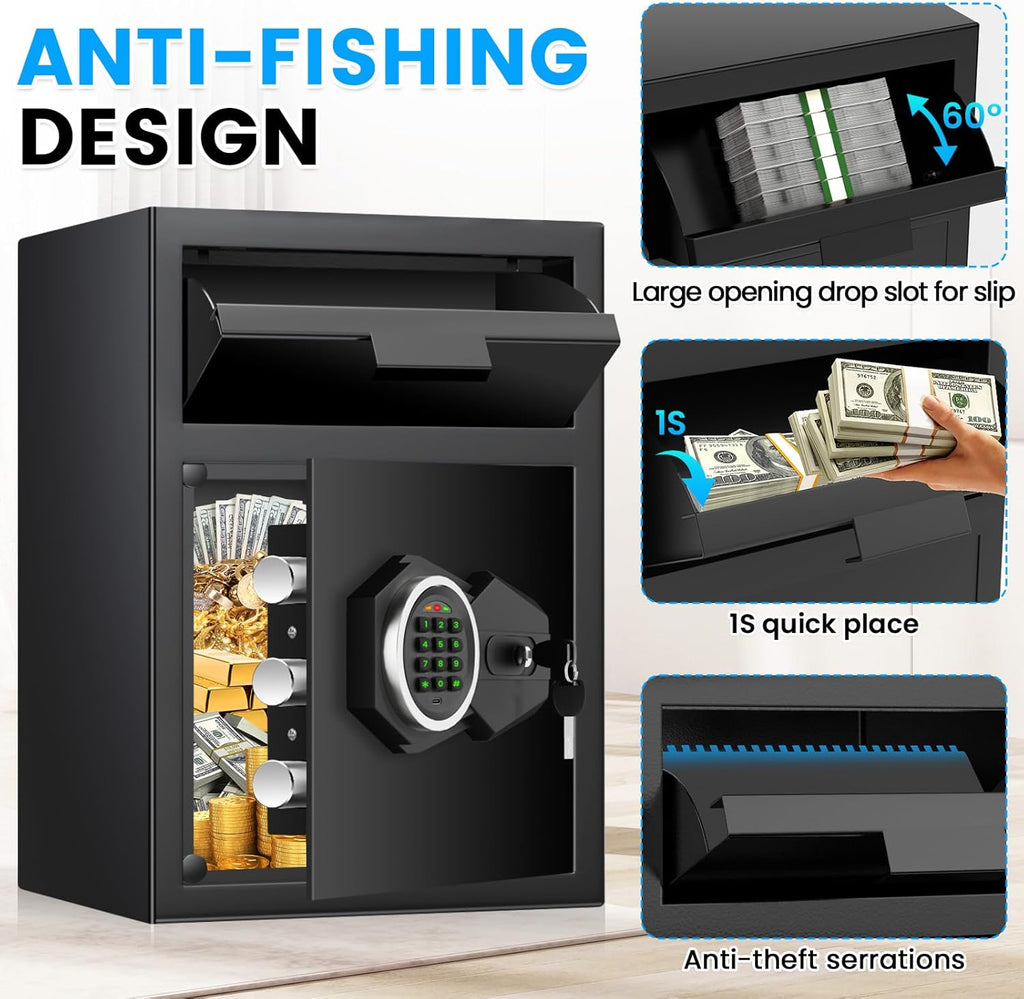 2.6 Cub Drop Safe for Business, Quick Place Safe with Drop Slot, Digital Backlit Combination Lock and Backup Key, Alarm & Mute System, Anti-Theft Money Deposit Safes for Cash Slip Business Office Home