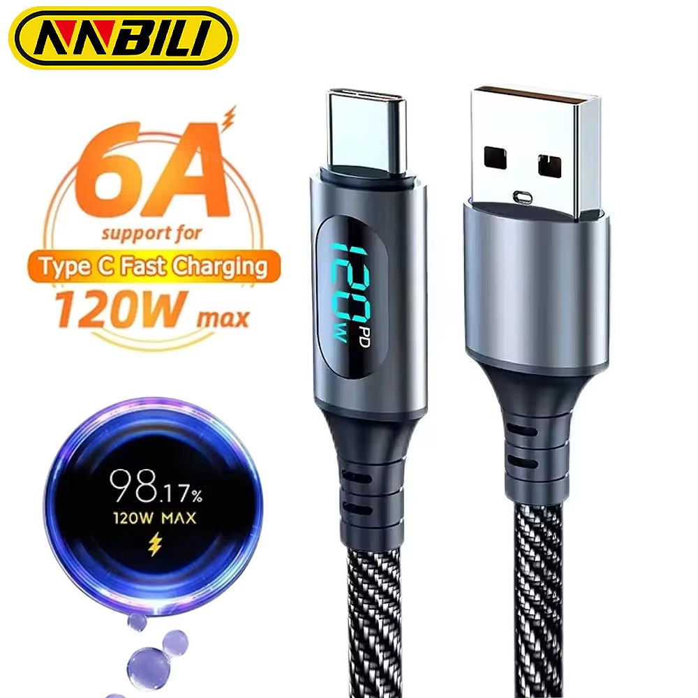 6A 120W USBA to Type C Super Fast Charge Cable Nylon Data Cord for Xiaomi POCO Samsung with Led Digital Display Cable