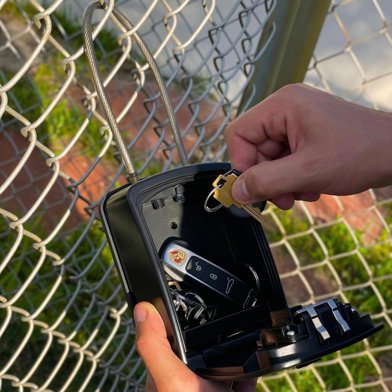 ® Key Lock Box Portable with Cable Shackle & Wall Mount – Waterproof Heavy Duty Metal Lock Box for Keys with 4-Digit Combination Code on Door Knob, Fence, Pipe or Gate Extra Large(Black, XXL)