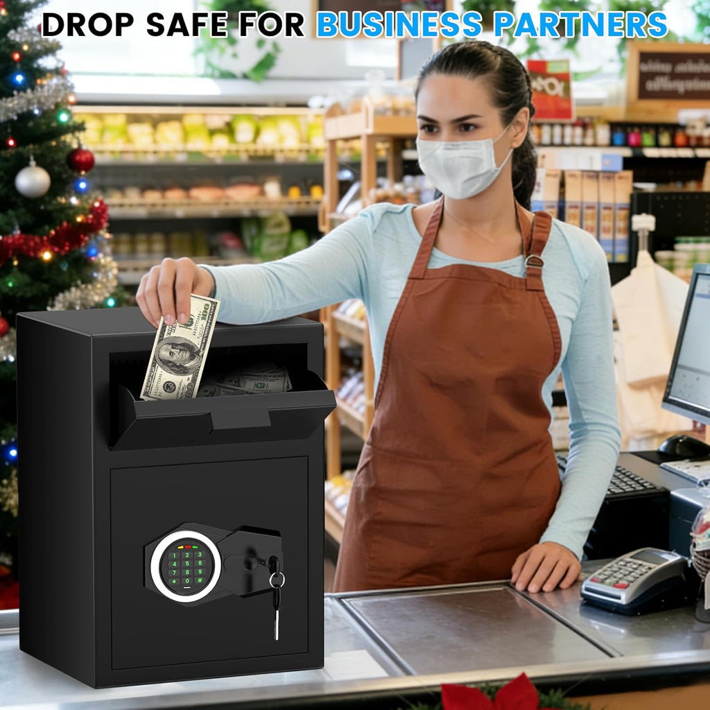2.6 Cub Drop Safe for Business, Quick Place Safe with Drop Slot, Digital Backlit Combination Lock and Backup Key, Alarm & Mute System, Anti-Theft Money Deposit Safes for Cash Slip Business Office Home