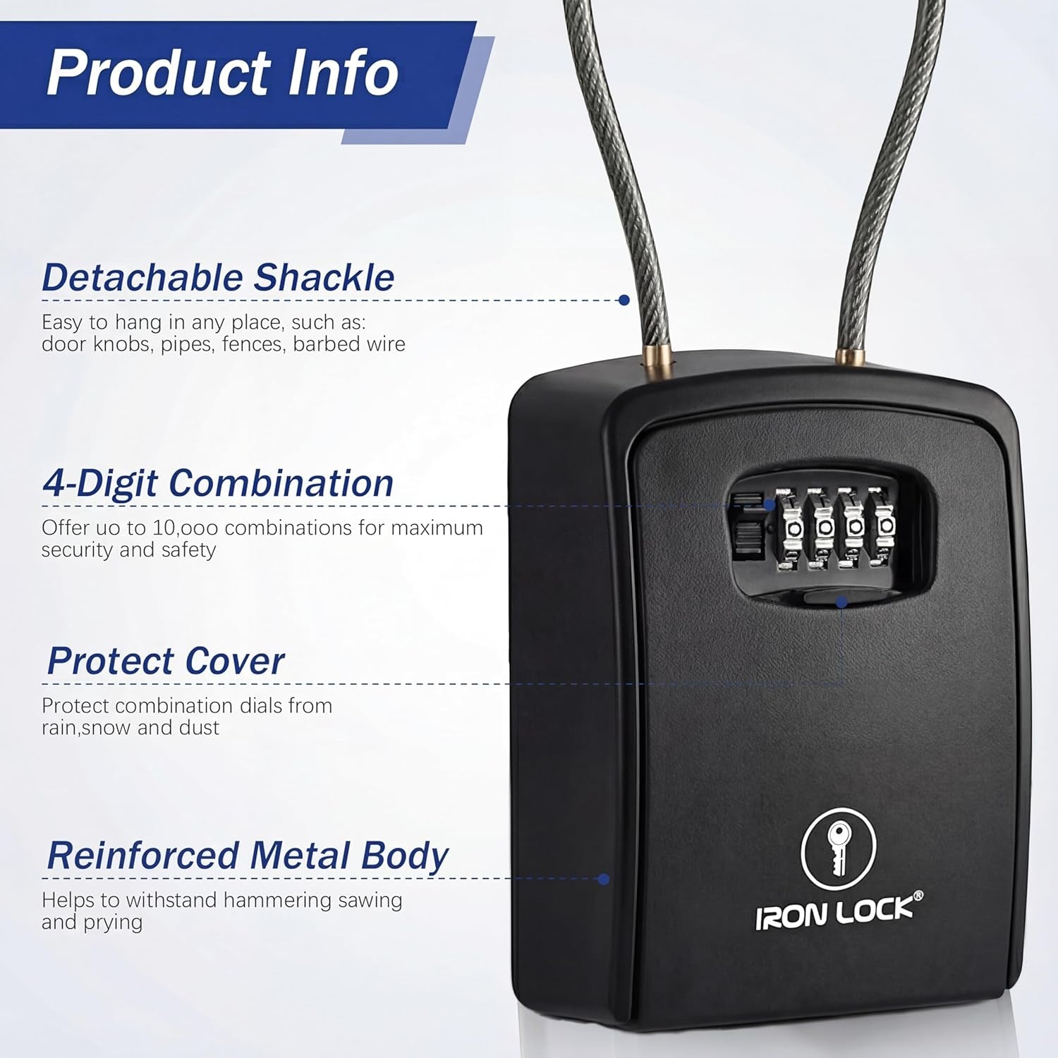 ® Key Lock Box Portable with Cable Shackle & Wall Mount – Waterproof Heavy Duty Metal Lock Box for Keys with 4-Digit Combination Code on Door Knob, Fence, Pipe or Gate Extra Large(Black, XXL)