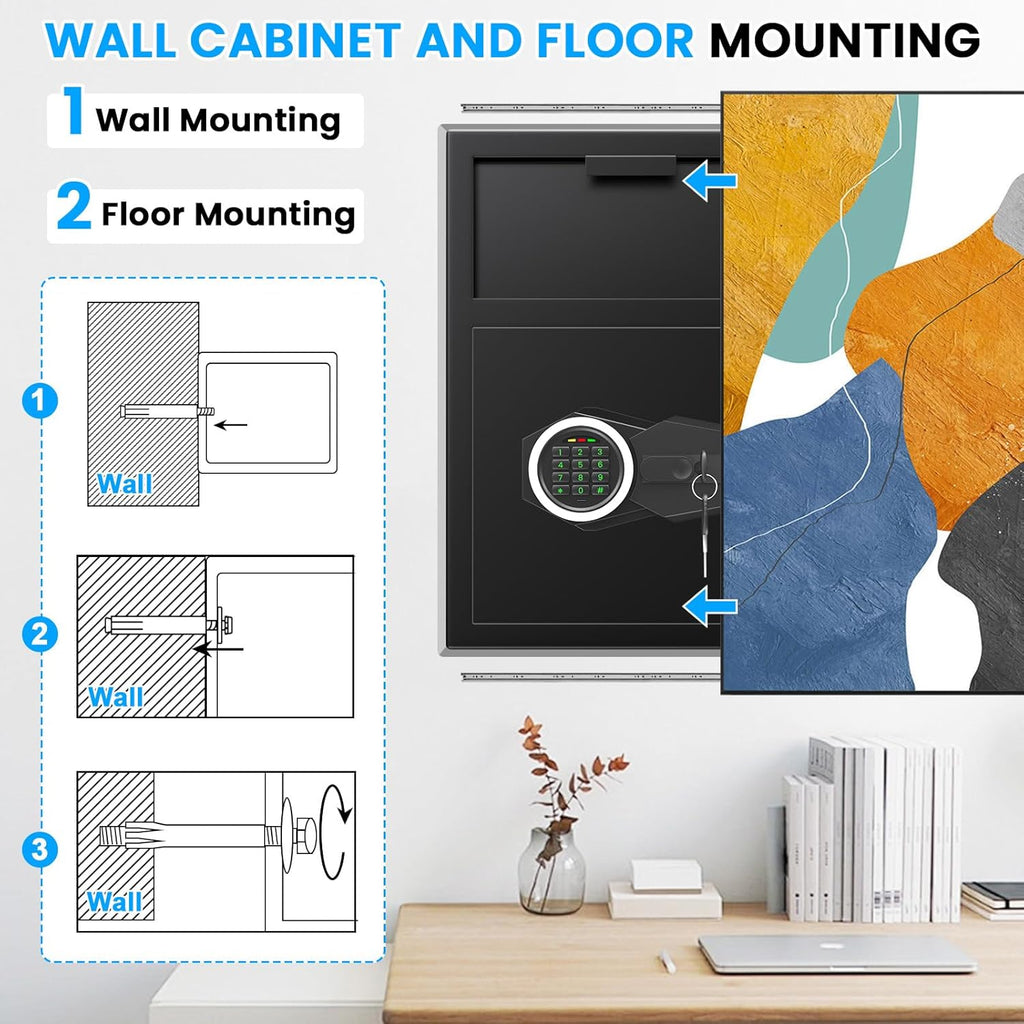 2.6 Cub Drop Safe for Business, Quick Place Safe with Drop Slot, Digital Backlit Combination Lock and Backup Key, Alarm & Mute System, Anti-Theft Money Deposit Safes for Cash Slip Business Office Home